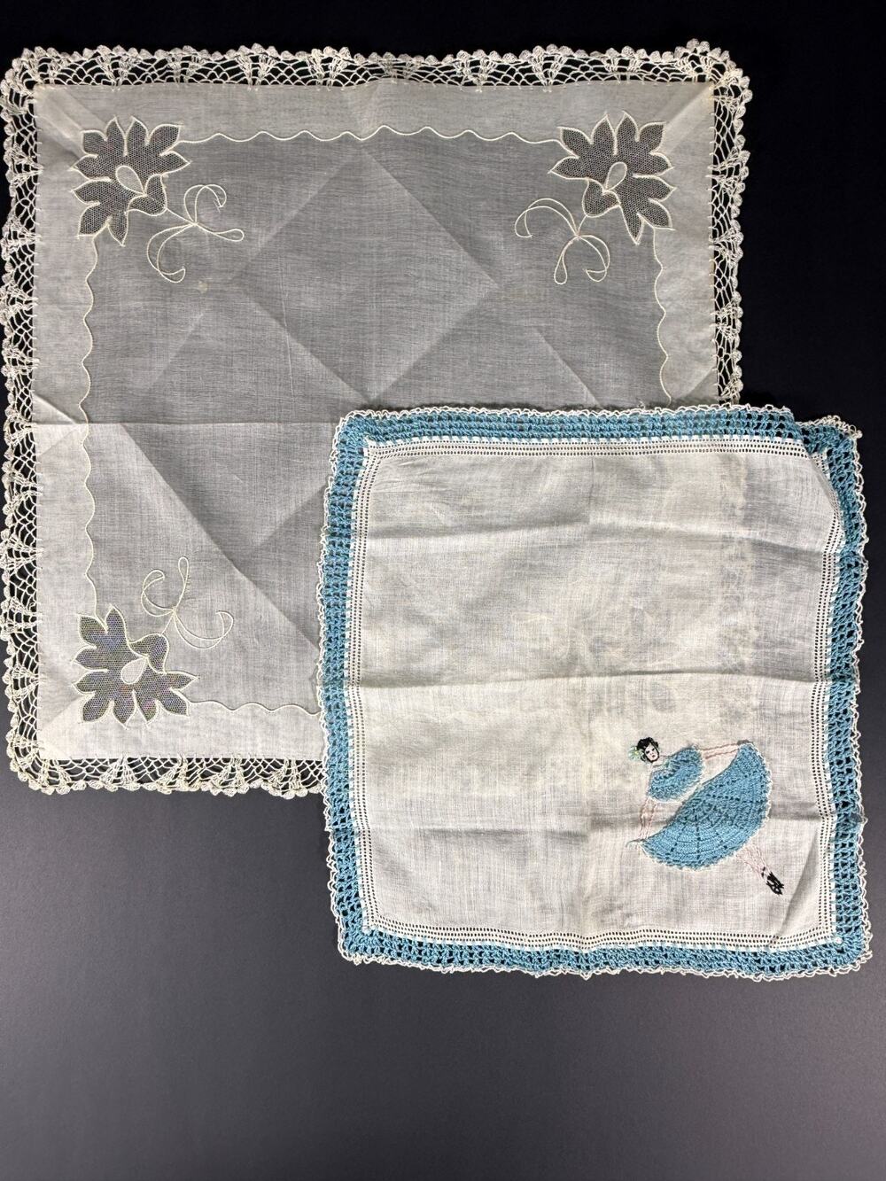 Vintage 3D Crinoline Southern Belle Handkerchief & Embroidered Organdy Topper